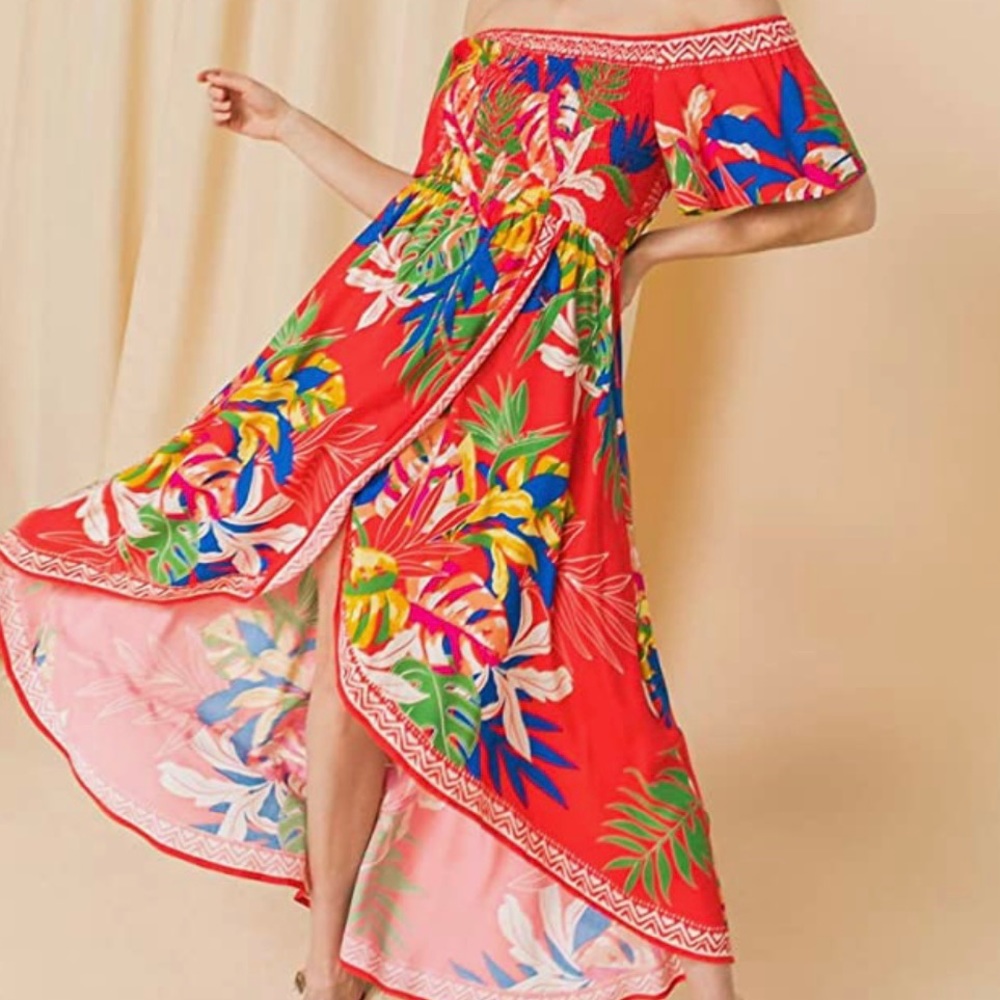 Jealous Tomato off the shoulder floral hi lo maxi dress